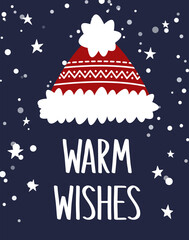 Warm wishes card with a cute hand drawn hat. Christmas and New Year vector illustration. Winter holidays background 