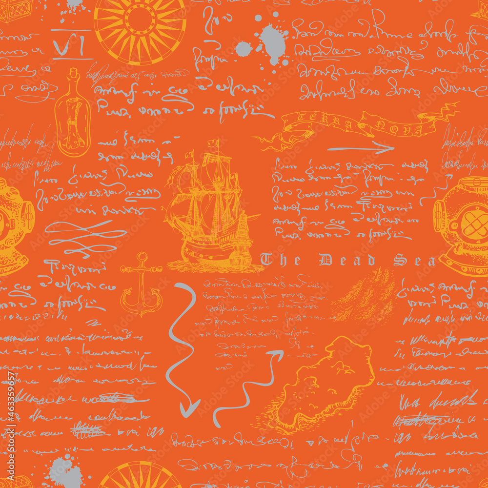 Poster vector image of a seamless texture in the style of a medieval nautical record of the captain's diary