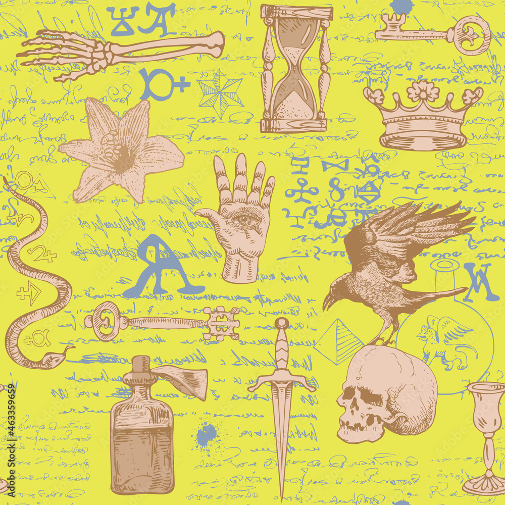 Poster vector image of a seamless texture in the form of an alchemical formula with encrypted symbols in th