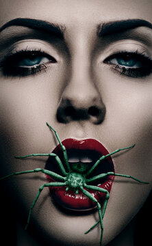 Macro portrait of woman with creepy green spider in mouth