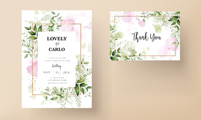 elegant leaves watercolor wedding invitation with splash watercolor background