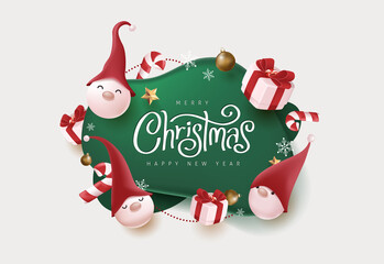 Merry Christmas and happy new year banner with cute gnome and festive decoration for christmas