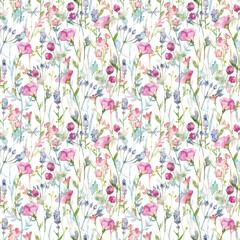 Beautiful floral vector seamless pattern with cute watercolor hand drawn abstract wild flowers. Stock illustration.