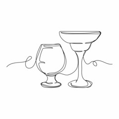 Vector continuous one single line drawing of two empty wine glasses in silhouette on a white background. Linear stylized.