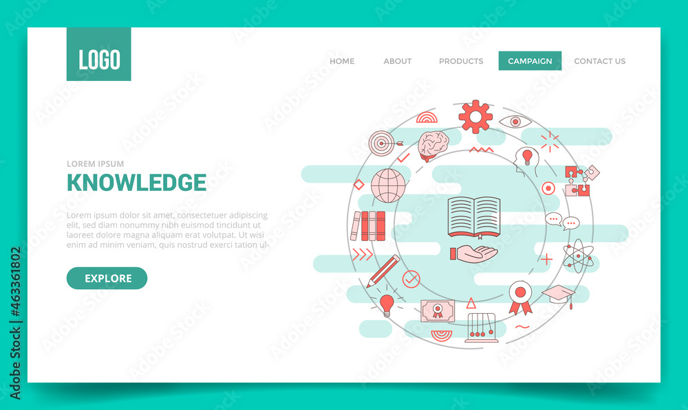 Sticker knowledge concept with circle icon for website template or landing page homepage