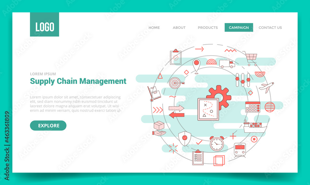 Poster scm supply chain management concept with circle icon for website template or landing page homepage