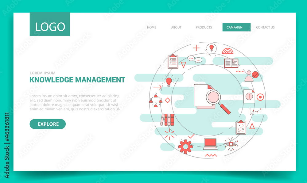 Poster knowledge management concept with circle icon for website template or landing page homepage