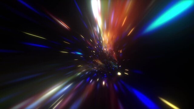 Loop of  Abstract dark multicolored hyperspace warp tunnel through time and space animation. 4K 3D Loop Sci-Fi interstellar travel through wormhole in hyperspace vortex tunnel. Abstract teleportation 