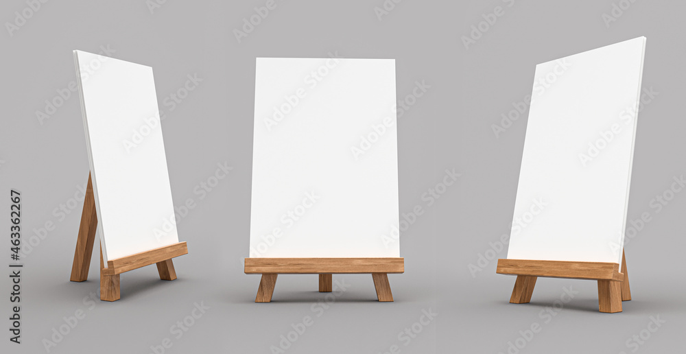 Poster 3D rendering of wooden easels with empty canvas isolated on a gray background