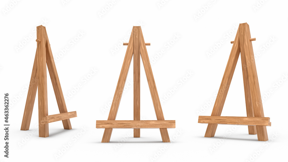 Poster 3d rendering of wooden easel frames isolated on a white background