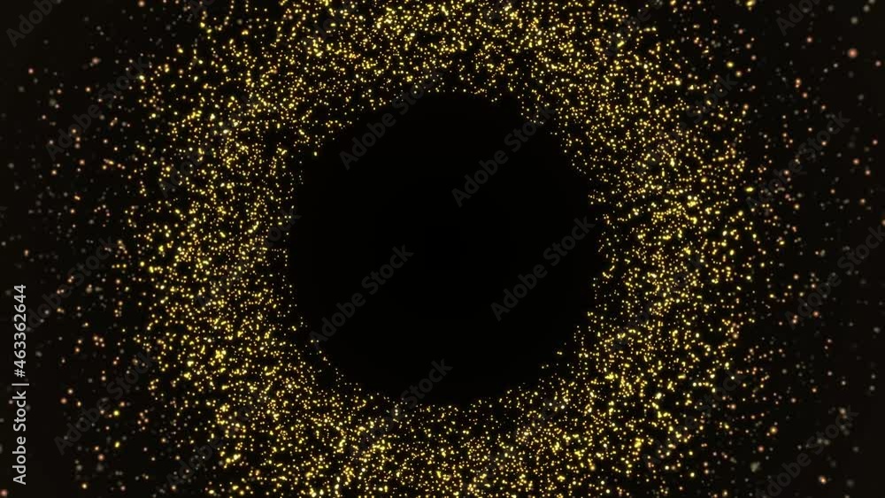 Poster circle tunnel of abstract glowing gold dust particles endless animation. glitter luxury premium seam