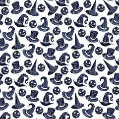 Watercolor seamless pattern with various Halloween theme elements