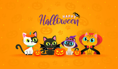 Happy Halloween Greeting Card Vector illustration. Cute cat in halloween pet costume on orange pattern background.