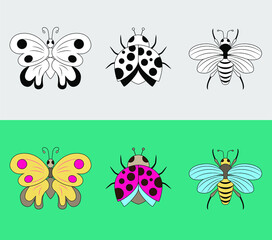 set of insects, butterfly, ladybug, bee