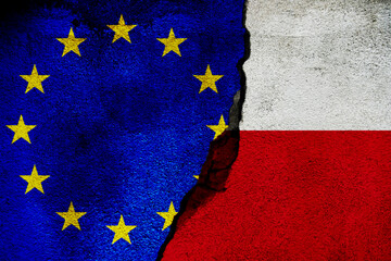 cracked concrete wall with flag of EU europe union and Poland texture - concept for relations between countries, polexit, agreement, conflict, political tension
