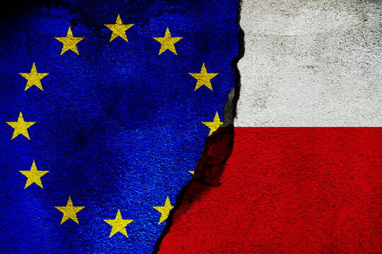 cracked concrete wall with flag of EU europe union and Poland texture - concept for relations between countries, polexit, agreement, conflict, political tension