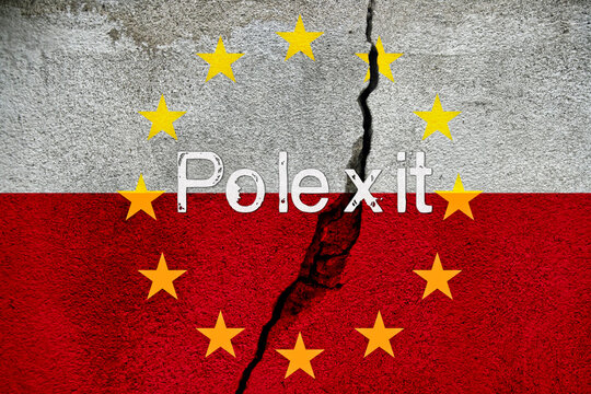 cracked concrete wall with flag of EU europe union and Poland texture - concept for relations between countries, polexit, agreement, conflict, political tension