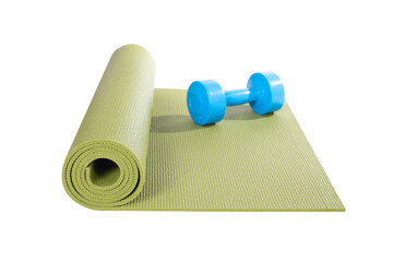 blue dumbbell and green yoga mat isolated on white background, fitness healthy and sport concept - obrazy, fototapety, plakaty