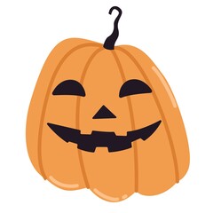 Halloween pumkin vector sticker . Halloween isolated icon. Pumpkin with a joyful and contented expression on white background. Vector illustration
