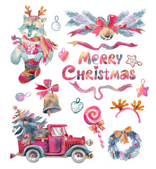 Watercolor set with raccoon, truck, christmas tree and inscription. For website planner diary stickers, invitation labels banners.