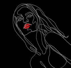 Linearny portret dziewczyny z czerwonymi ustami przeprowadzony jedną białą linią na czarnym tle. Grafika cyfrowa przeznaczona do druku na tkaninie, t-shircie oraz jako grafika na ścianę.