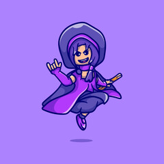 cute halloween beautiful witch riding a flying broom