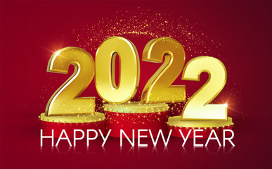 Happy new 2022 year Elegant gold text with podium and light. Minimalistic text template.