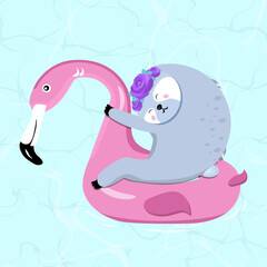 Сute sloth on flamingo float rings. flat vector illustration.
