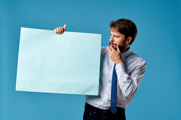 handsome man blue banner copy-space advertising presentation blue background