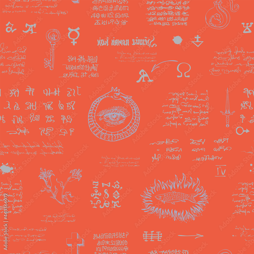 Poster vector image of a seamless texture in the form of an alchemical formula with encrypted symbols in th