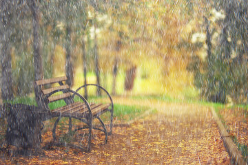 Fototapeta rain autumn landscape view park bench, rain drops concept sad mood depression seasonal obraz