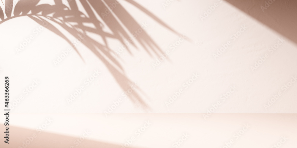 Aufkleber empty room wall with texture tropical leaves shadow, minimal pastel beige summer abstract background