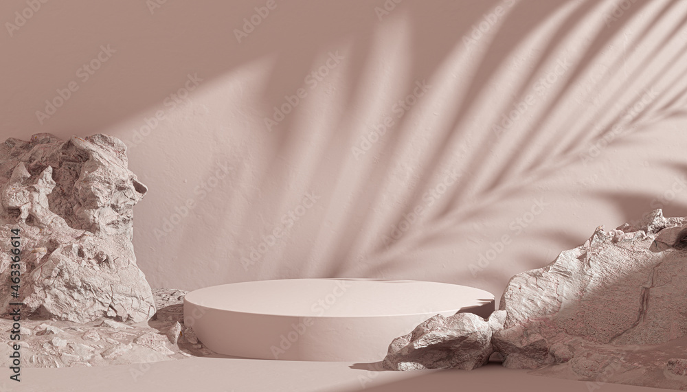 Aufkleber light and shadow on the wall, beige color abstract scene with podium and rock stones, product displa