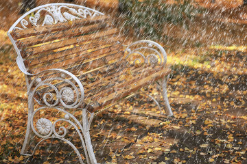 rain autumn landscape view park bench, rain drops concept sad mood depression seasonal