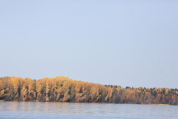 scenic, autumn landscape trees and forest river and lake, nature view fall background