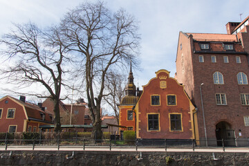 Old scandinavian buildings on a typical street, Uppsala, Sweden.