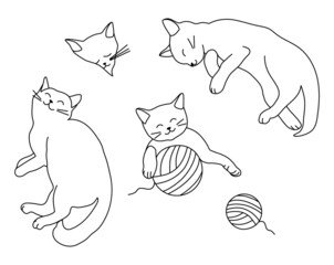 Vector line hand drawn set of charming cute cats with balls of thread. Different poses and emotions. Can be used as advertising, sticker, logo, icon.
