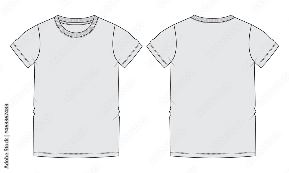 Wall mural Short sleeve Basic T-shirt technical fashion flat sketch vector Illustration template front and back views. Basic apparel Design Mock up for Kids, boys Isolated on white background.
 - Wall murals