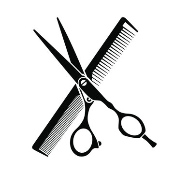 Vector black and white icon silhouette of crossed scissors and combs. Hairdressing symbols