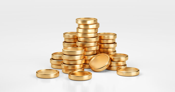 Stack of gold coin currency market financial or investment money banking treasure wealth cash and golden dollar pile isolated on white economy background with business earnings profit sign. 3D render.