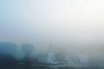 church fog top view, drone in vologda, landscape religion europe