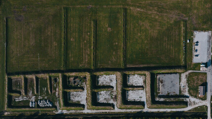 Drone view of green and brown fields 