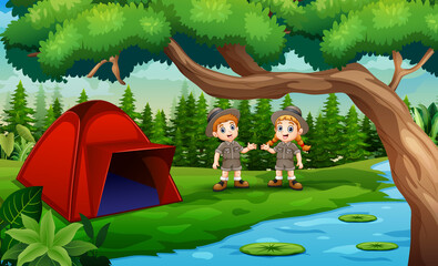 The explorer boy and girl camping by the river illustration