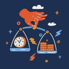 Vector illustration of Money and time balance on the scale. Business concept over dark backround.