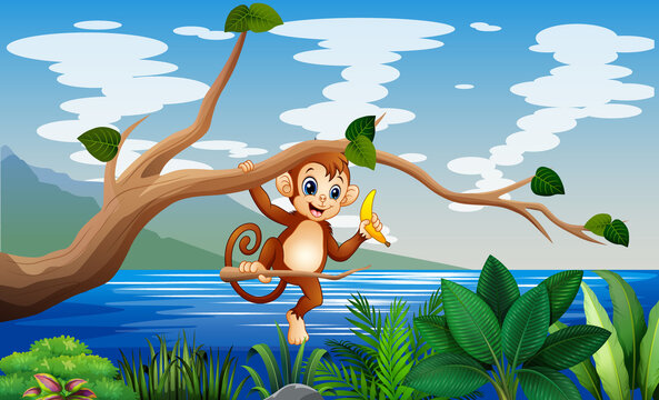 Cartoon monkey hanging on a tree trunk