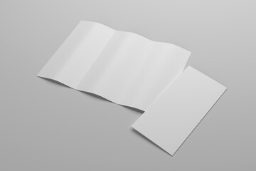 Blank trifold brochure on gray background. 3D rendering.