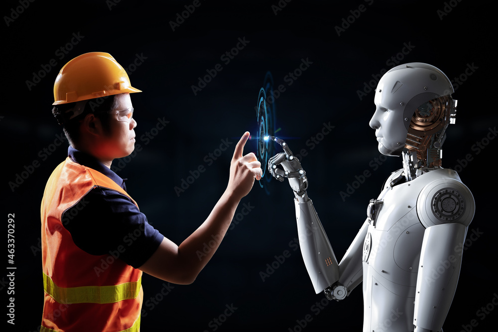 Poster technician or engineer work with robot in factory