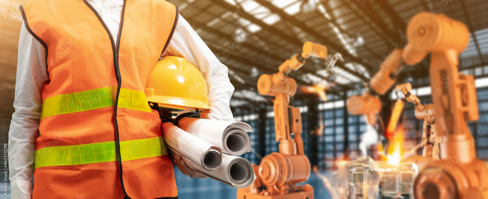 Poster technician or engineer work with robot