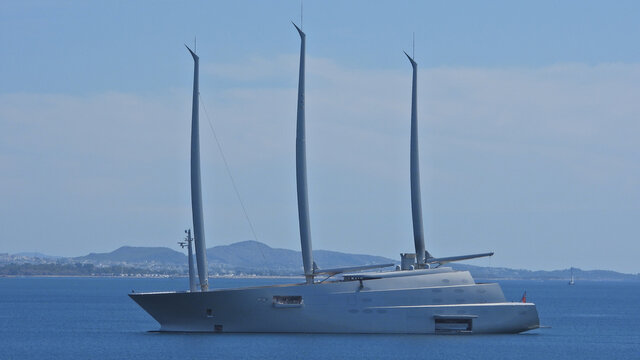 Zoom photo of "A" Super Yacht, World's Largest Sailing Yacht designed by Philippe Starck, belonging to the Russian tycoon Andrey Melnichenko in deep blue Aegean sea