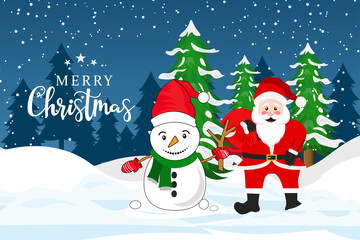 Christmas theme with Santa and snowman Christmas tree snow